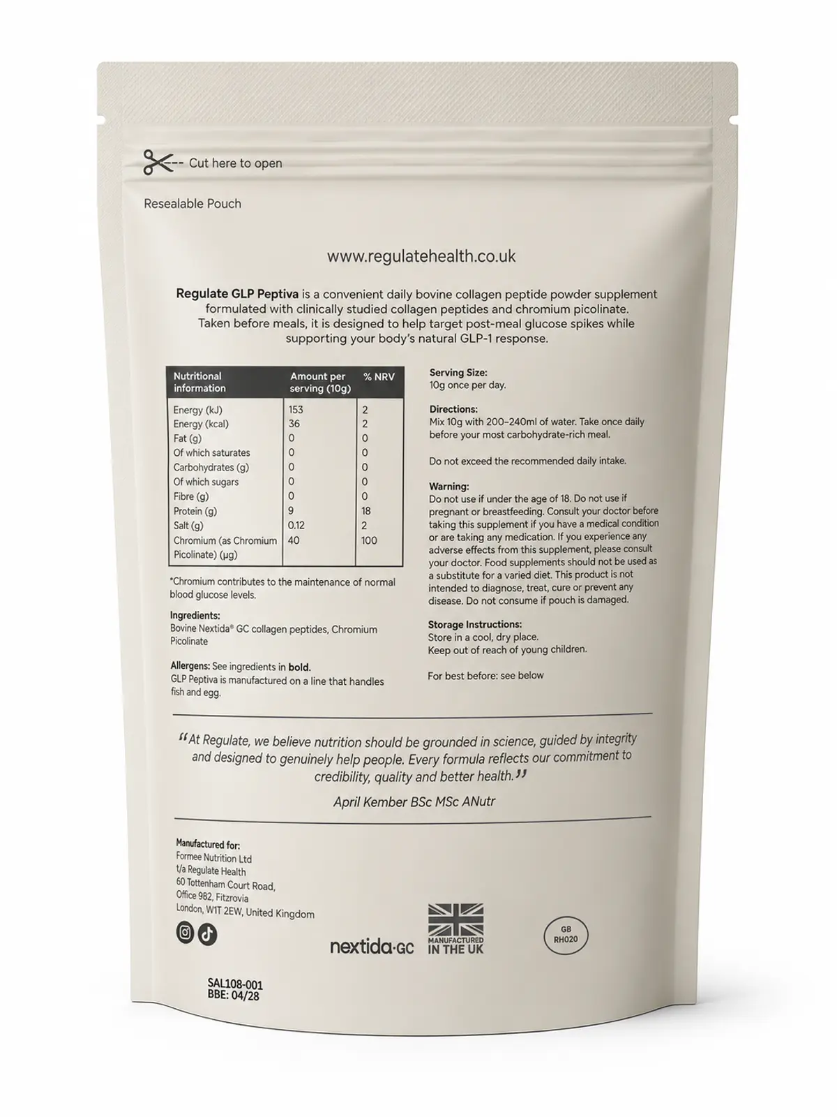Regulate GLP Peptiva pouch — back of pack with nutritional information