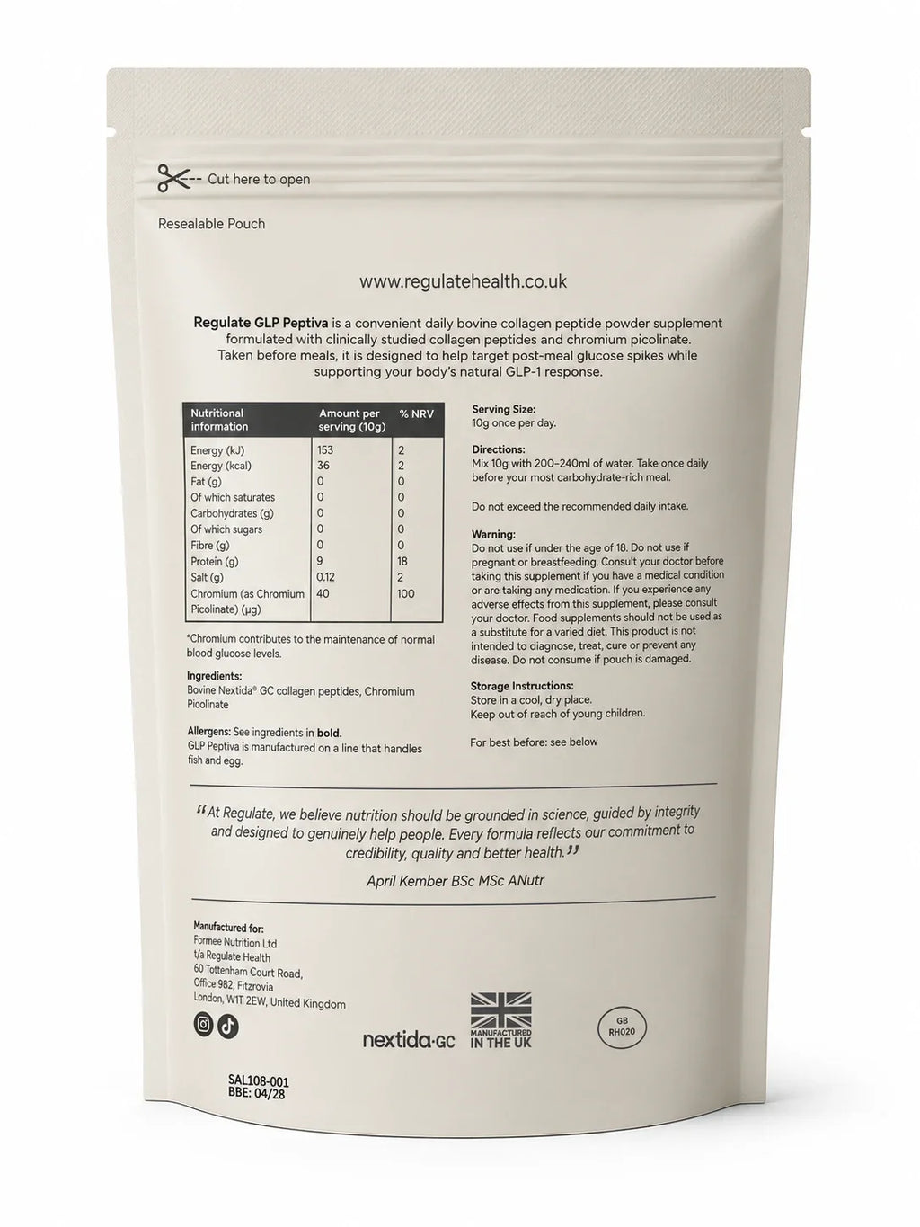 Regulate GLP Peptiva 300g pouch, back with nutritional information