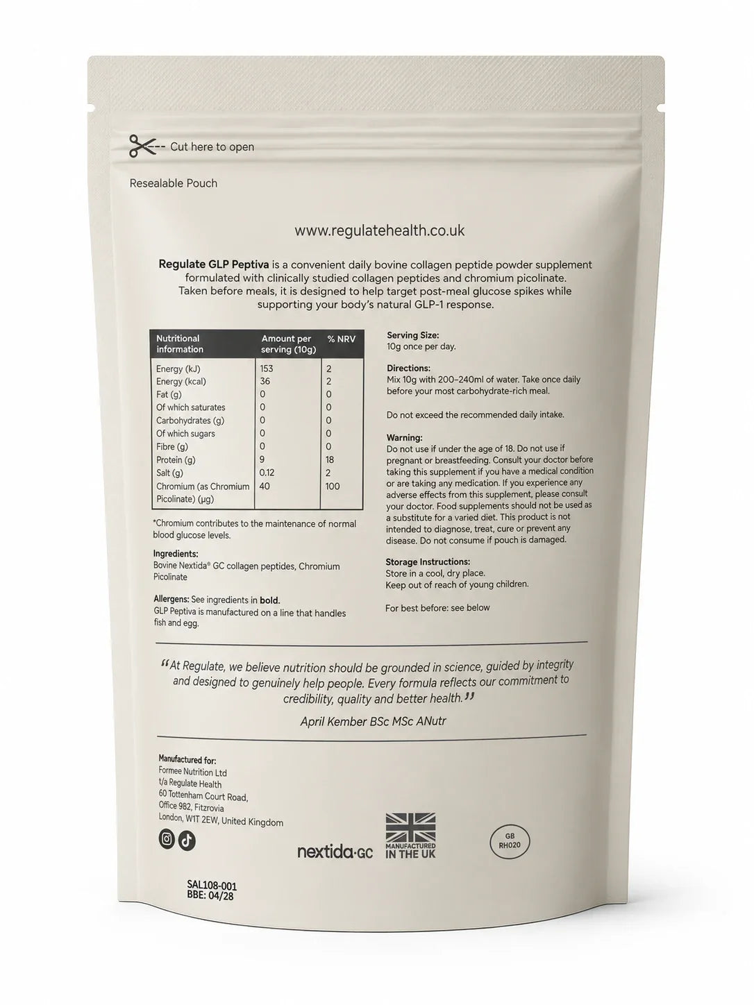 Regulate GLP Peptiva 300g pouch, back with nutritional information